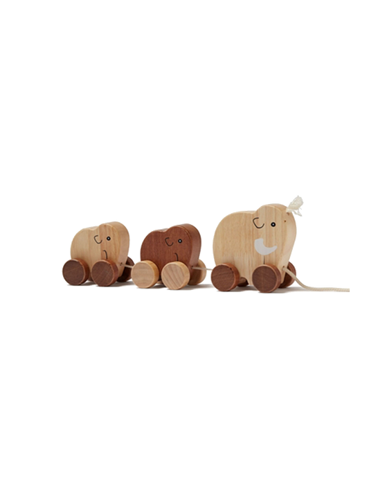 Hölzernes Schleppspielzeug Mammutfamilie