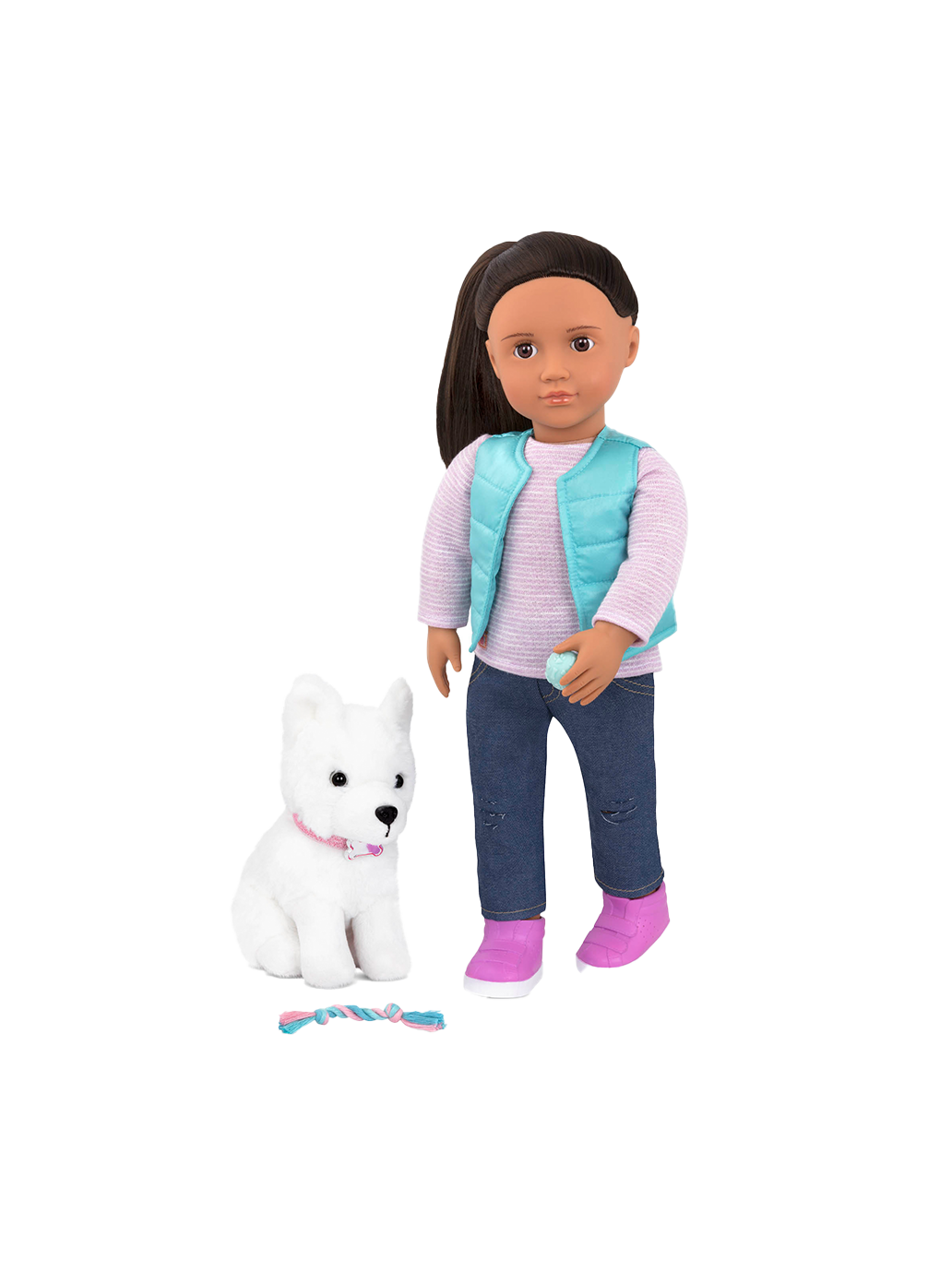 Cassie-Puppe 46 cm mit einem Samojeden-Welpen