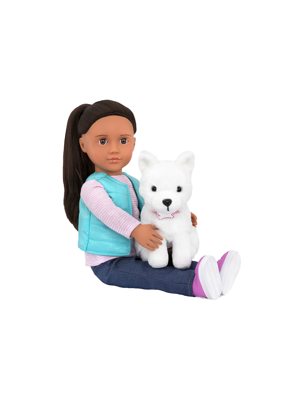 Cassie-Puppe 46 cm mit einem Samojeden-Welpen