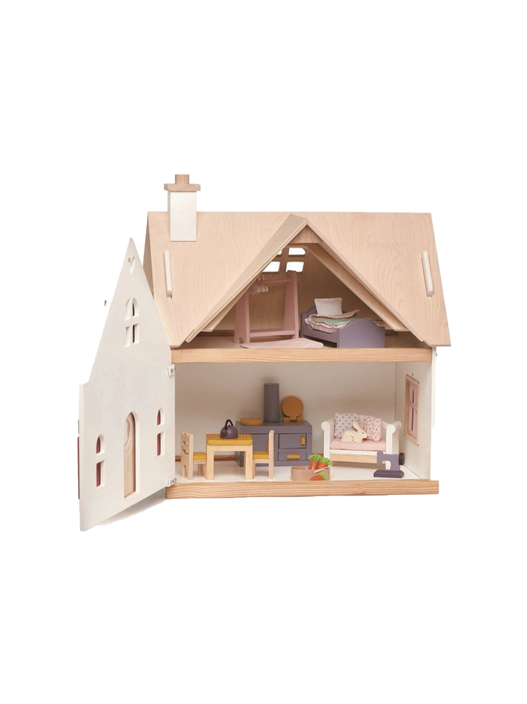 Maison de poupée en bois à deux étages avec équipement