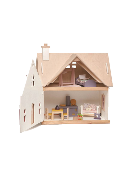 Maison de poupée en bois à deux étages avec équipement