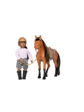 Eine kleine Jockeypuppe mit einem Pferd