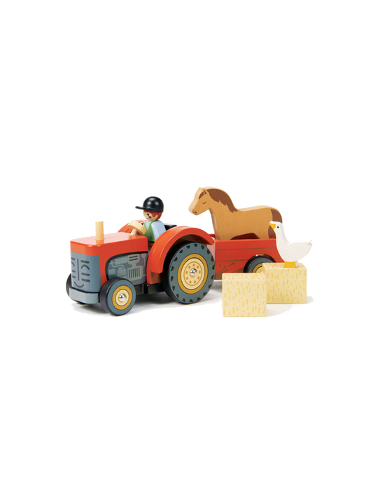 Tracteur en bois avec remorque et accessoires