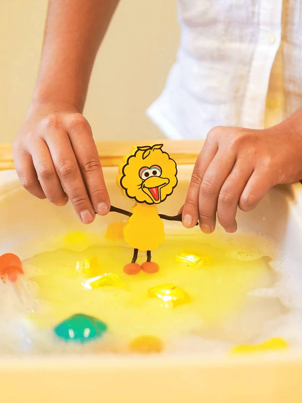 Cubes sensoriels brillant dans l'eau avec une figurine de Sesame Street