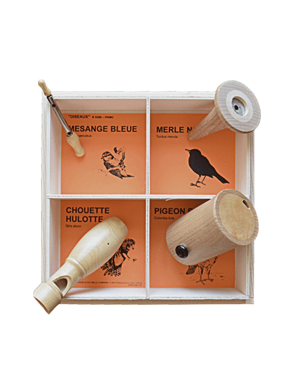 Satz von Holzinstrumenten, um die Geräusche von Vögeln zu imitieren
