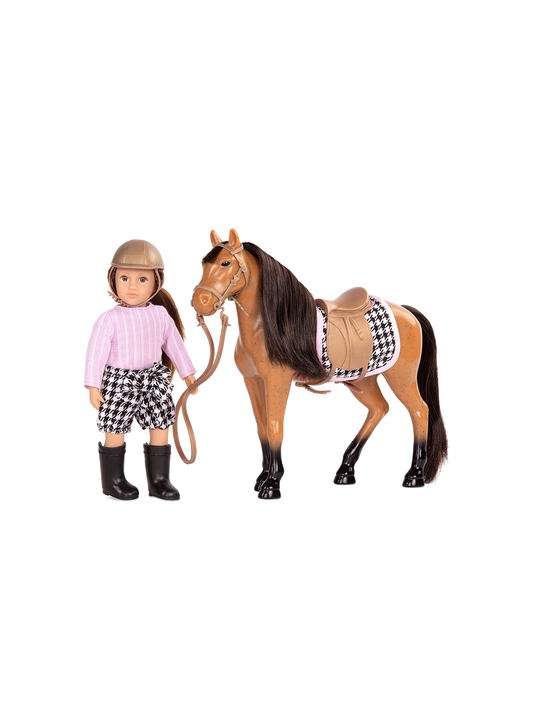 Eine kleine Jockeypuppe mit einem Pferd